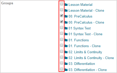All question groups are listed with checkboxes next to each group in the list.